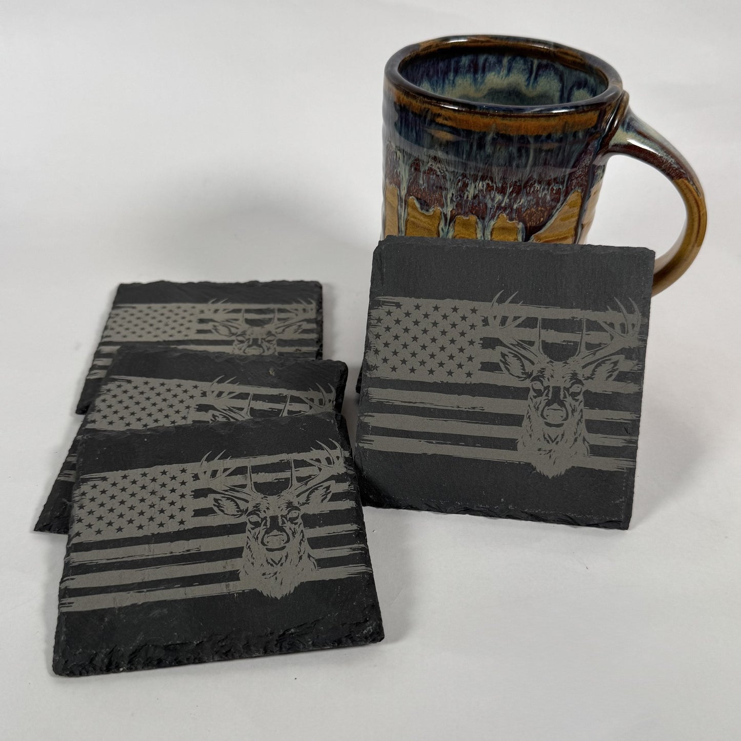 Rustic American Flag Deer Slate Coasters