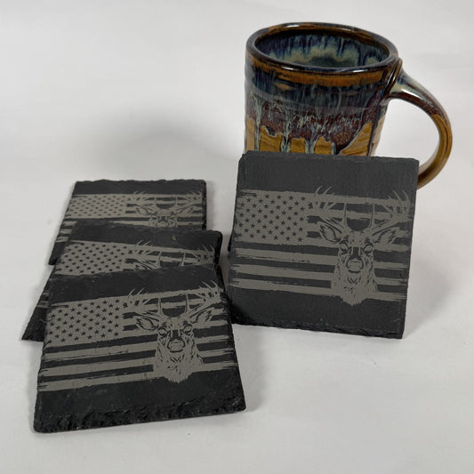 Rustic American Flag Deer Slate Coasters